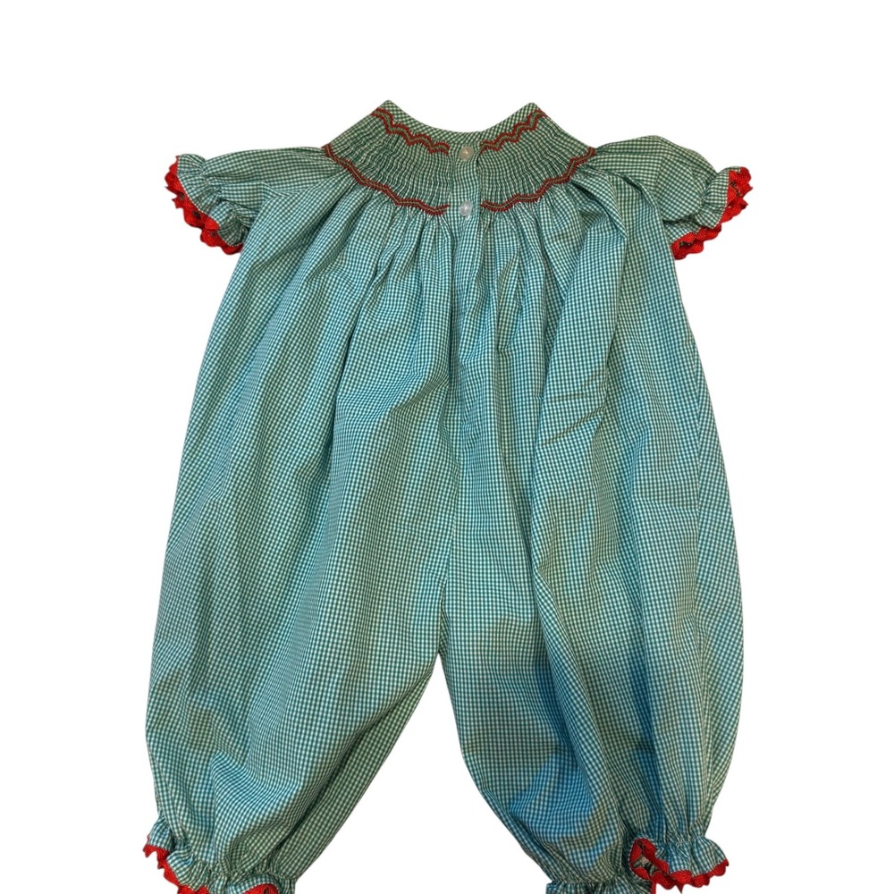 Castles & Crowns Green Gingham Smocked Baby Romper with Red Trim - Picture 2 of 5